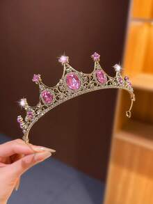 1pc Gold & Pink Crystal Princess Crown Headpiece, High-End Hair Accessory Birthday Gift For Girls - Pink - View 5