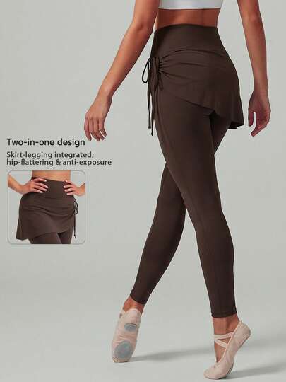 Women's Fake Two-Piece High Waist Fitness Yoga Leggings With Wrap Skirt Tummy Control Stretchy Workout Athletic Sports Pants With Side Tie For Gym & Ballet