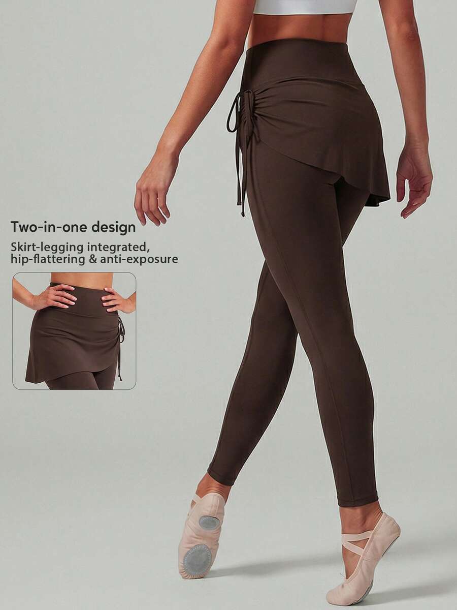 Women's 2-In-1 High Waist Yoga Leggings With Skirt Design, Tummy Control Elastic Workout Pants, Side Tie Detail, Suitable For Gym And Ballet, Autumn Style - Coffee Brown - View 1