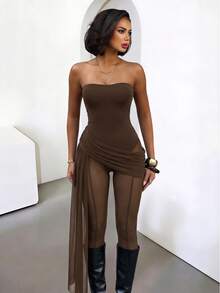 Neuer sexy Mesh-Patchwork-Jumpsuit mit offenem Rücken für Damen im Sommer - Kaffeebraun - Übersicht 3