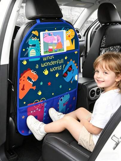 Dinosaur Print Backseat Car Organizer With Tablet Holder, Kick Mat & Storage Pockets, Kids Travel Accessory For Road Trips