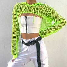 Street-Style Vacation-Inspired Personalized Mesh Patchwork Lace-Up Hooded Hollow-Out Sun Protection Top For Women, Versatile Sports And Casual Top - Fluorescent Green - View 2