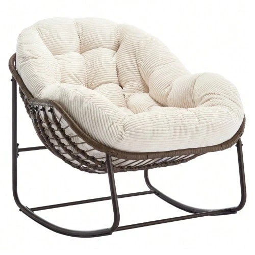 Mecedora de ratán para exteriores, columpio tapizado con respaldo para entrada, sala de estar, patio, jardín. - Blanco - Ver 1
