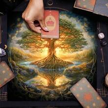 1pc Tarot Element Decorative Tablecloth, Tree Of Life Pattern Printed Tablecloth, Occupying Game Decoration, Edge Embossing Process - Black - View 3