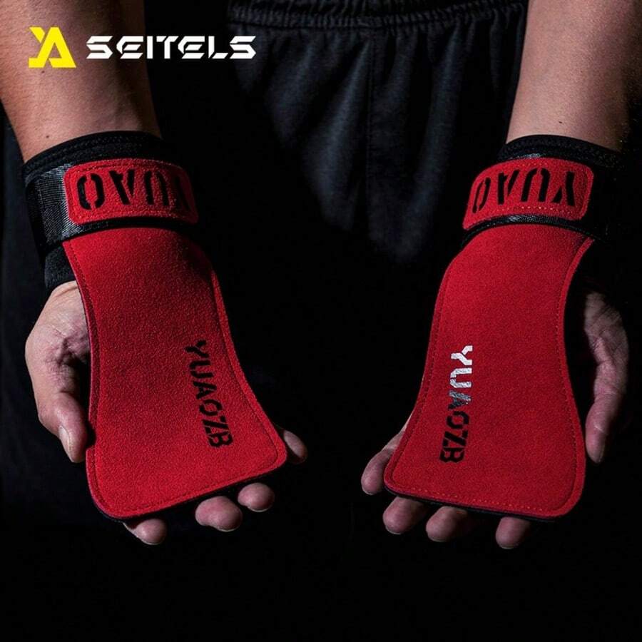 1 Paio di guanti da fitness obliqui, in vera pelle a 3 strati, antiscivolo e resistenti all'usura, con supporto regolabile per il polso, adatti per pull-up, sollevamento pesi, manubri, protezione dai calli - cintura di  inclinata - Visualizzare 1