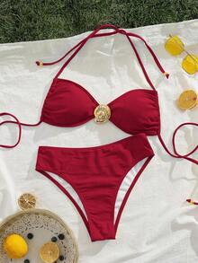 Bikini elegante chic de verano para mujer  2026 conjunto dos piezas color rojo sólido top con detalle metálico dorado y parte inferior de corte clásico look ideal para vacaciones, fiestas en la playa y fotos de verano - Amarillo 1 - Ver 8