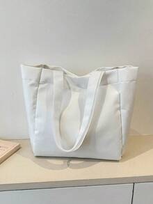 Dopamine Solid Color New Minimalist Large Capacity Glossy Shoulder Tote Bag, Personalized Soft Surface Commuter Handbag - Beige - View 3