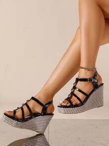 Giày sandal đế xuồng đính đinh tán kim loại kiểu Âu và Mỹ, sandal cao gót hở mũi, một quai, đế dày, dệt kim dành cho nữ. - màu đen - Xem 1
