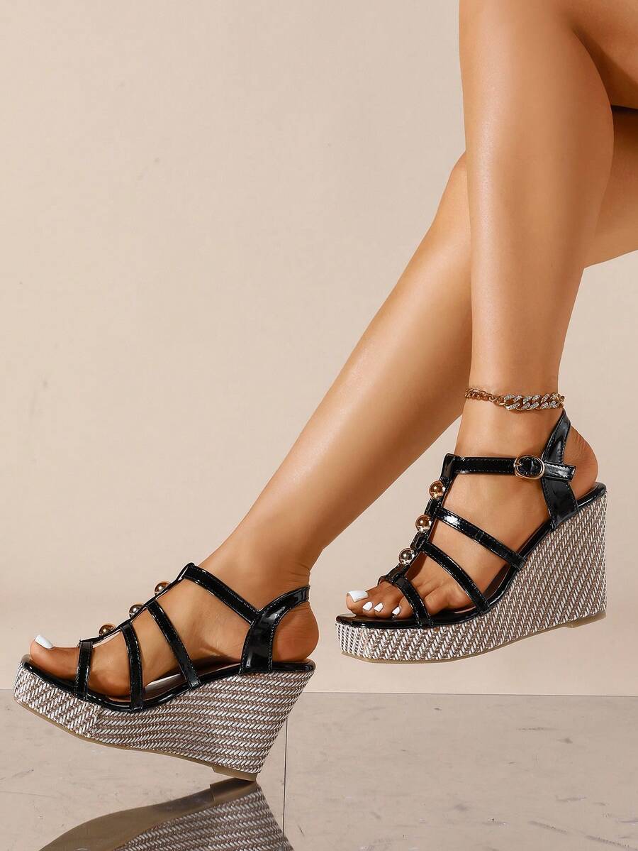 Giày sandal đế xuồng đính đinh tán kim loại kiểu Âu và Mỹ, sandal cao gót hở mũi, một quai, đế dày, dệt kim dành cho nữ. - màu đen - Xem 1