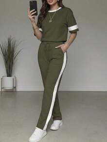 Conjunto de 2 piezas para mujer de primavera/verano, top de manga corta de cuello redondo y contraste de color casual y versátil, y pantalones rectos de cintura alta con cordón - Verde militar - Ver 5