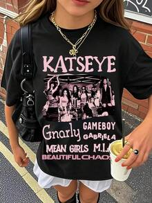 Girl's Clothing, KATSEYE English Street Pattern Printed T-Shirt - Casual Round Neck, Short Sleeved, Washable - Spring/Summer/Autumn, Fashionable, Streetwear - 黑色 - 查看 1