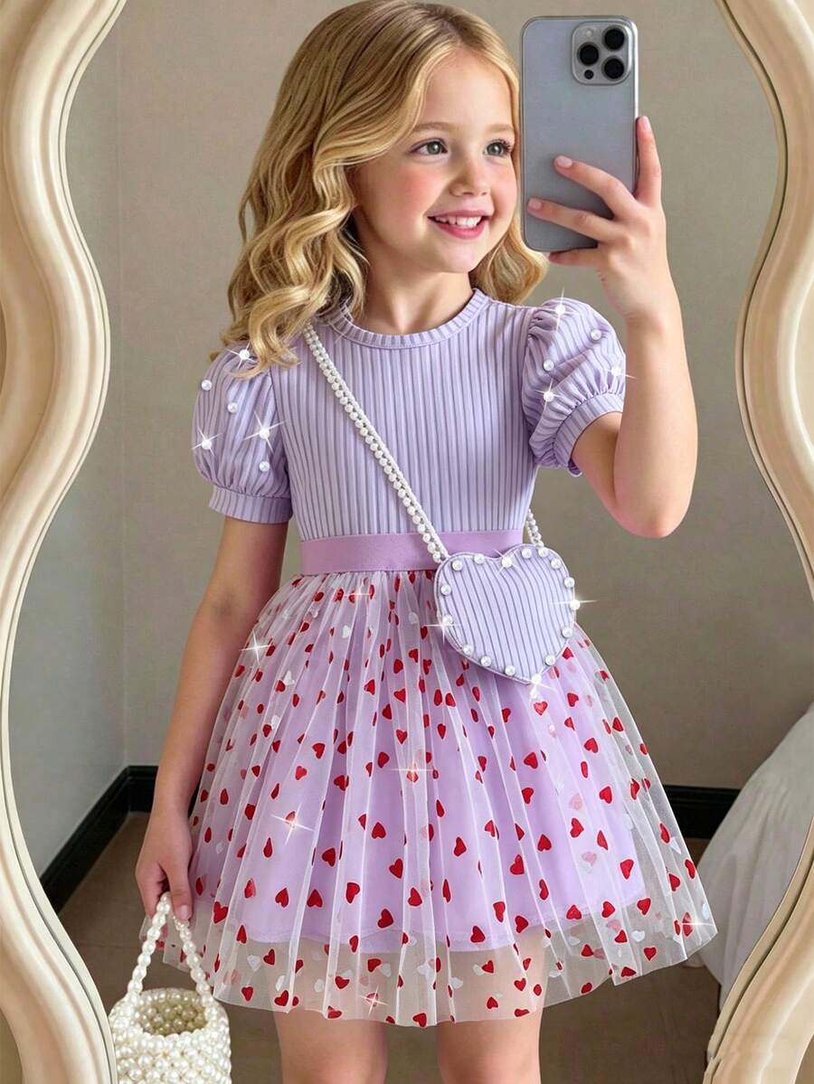 Toddler Girls' Solid Color Ribbed Short Sleeve Top + Heart Mesh Skirt Set With Heart Crossbody Bag, Summer - Purple - View 1