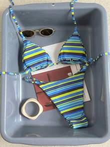 Bộ bikini hai mảnh kẻ sọc nhiều màu sắc gợi cảm, thời trang dành cho nữ, kiểu dáng hở lưng, buộc dây, thích hợp cho kỳ nghỉ hè ở bãi biển hoặc du thuyền. - xanh lam-xanh lục - Xem 4