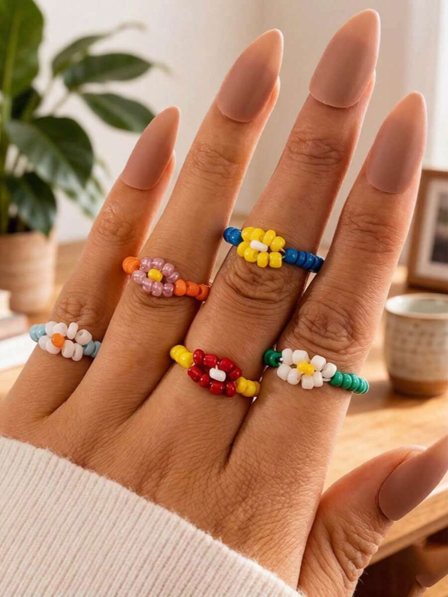Set de 5 anillos con flores de cuentas de estilo bohemio y colorido, regalo de joyería adecuado para mujeres en vacaciones de playa