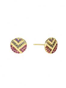 1 Pair Gold & Pink Purple Zirconia Ombre Arrow Earrings, V-Shaped Colorblock Round Luxury Earrings, Versatile For Work, Dating, Everyday Wear, Flattering For Face - Earrings - View 4