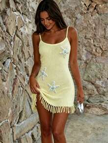 Women's Spring/Summer Fashionable Casual Soft Solid Color Rhinestone Starfish Decor, Self-Lighting Filter, Tassel Design Spaghetti Strap Bodycon Mini Dress - Designed For Summer Beach Vacation, Sexy Beach Babe Outfit - Green - View 1