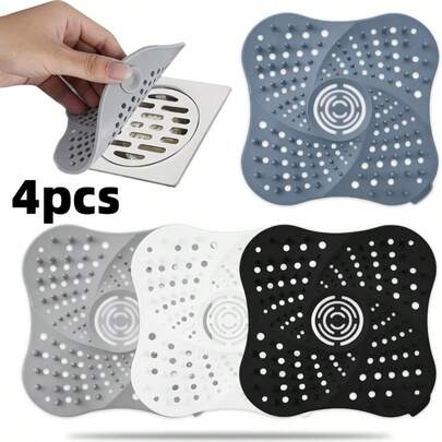 Bộ 4 miếng lọc rác cống thoát nước nhà tắm, lưới lọc tóc bằng silicon chất lượng cao có giác hút, phù hợp với các lỗ thoát nước thông thường trong nhà tắm, nhà bếp, bồn tắm và phòng tắm (Đen/Trắng/Xám/Xanh dương)