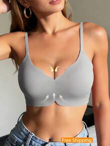 Women Wire-Free Jelly Glue Gathering Bra, Ruffle Trim Comfy Minimalist Intimates, 1PC Daily Sexy Bralette - 淺藍色 - 查看 4