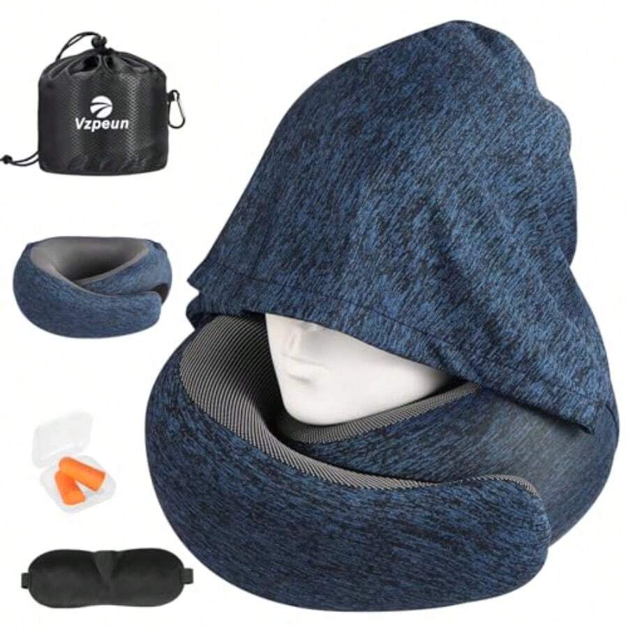 Travel Pillow - Hooded Neck Pillow Airplane Memory Foam Filling For Plane Office Cars Sleeping Road Trip Long Flights Airplane Travel Entials Includes Eye Mask Earplugs Full Blue - Full Blue - View 1