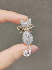 1pc Cute Shiny Bow Tie Cat Brooch, Delicate Cat Accessory For Bag, Clothing, Suitable For Daily Wear, Party, Small Gift - Multicolor - View 2
