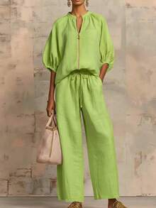 2026 Summer New Women's Casual Loose Solid Color Zipper Round Neck Wide-Leg Pants Set - 螢光綠 - 查看 4