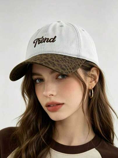 Mũ lưỡi trai denim phối họa tiết da báo kiểu Mỹ cổ điển, mũ lưỡi trai unisex chống nắng có chữ, phù hợp cho mùa xuân/hè, kiểu dáng tôn dáng, đa năng.