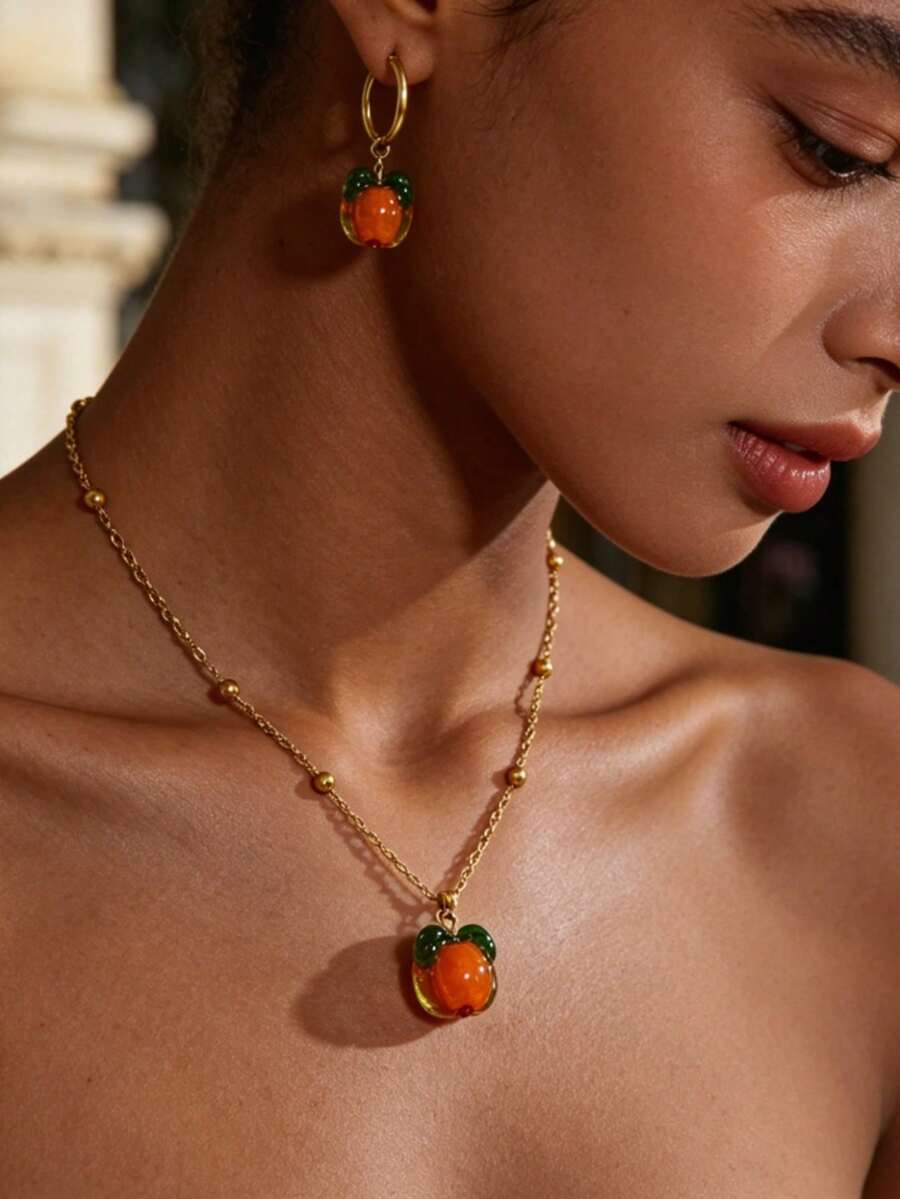 Bộ trang sức tối giản gồm bông tai hình quả bí ngô và mặt dây chuyền hình quả bí ngô bằng thép không gỉ, phù hợp cho nữ giới đeo hàng ngày, đi làm, dự tiệc tối, uống trà chiều, làm quà sinh nhật. - Vàng - Xem 1