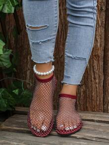 2026 Spring/Summer New Soft Round Toe Fishnet Socks Rhinestone Slip-On Casual Outdoor Breathable Large Size Hollow Sandals Flat Shoes - Burgundy - View 1