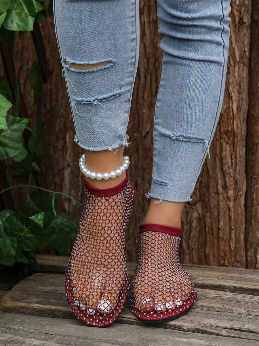 2026 Spring/Summer New Soft Round Toe Fishnet Socks Rhinestone Slip-On Casual Outdoor Breathable Large Size Hollow Sandals Flat Shoes - Burgundy - View 1