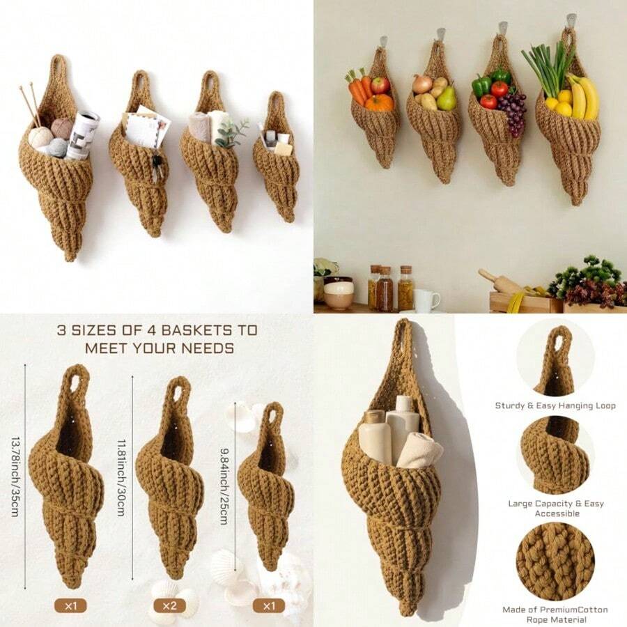 Yungyan - Juego de 4 cestas colgantes de frutas y verduras para colgar en la pared, para cocina, tela a mano, frutas, patata, cebolla, ajo, verduras, caracola para el hogar, bolsas de almacenamiento - como en la foto - Ver 1
