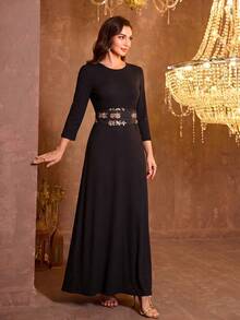 SUPGIR 女士优雅亮片拼接蝙蝠袖晚礼服 - 金色 - 查看 2