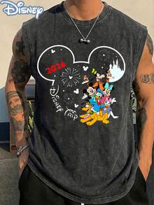 Disney Trip 2026 Washed Sleeveless Tank Top, Mickey & Friends Castle Firework Graphic Tee, Vintage Oversized Casual Muscle Shirt, Perfect For Theme Park Trips & Fans - màu đen - Xem 2