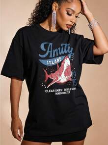 Camiseta de manga corta con cuello redondo suave y casual de verano para mujer, estilo retro de cómic, tiburón, nostalgia de cineaficionados, estilo vintage de cómic, océano, sentimiento cultural clásico, tops para mujer, generación Z, tops, curva, tops de mujer, tops de verano, conjuntos de primavera, estilo callejero americano, casual deportivo, estilo unisex, estilo casual urbano, ropa de calle retro, subcultura, top negro, tops blancos. Negro - Negro - Ver 2