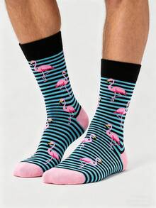 1 par de calcetines de tripulación divertidos con flamencos a rayas para hombres, calcetines con estampado de flamencos a rayas azul y negro retro, estilo callejero europeo y americano, calcetines de tripulación con patrón de flamencos de color contrastante único, uso diario llamativo para hombres - Multicolor - Ver 2