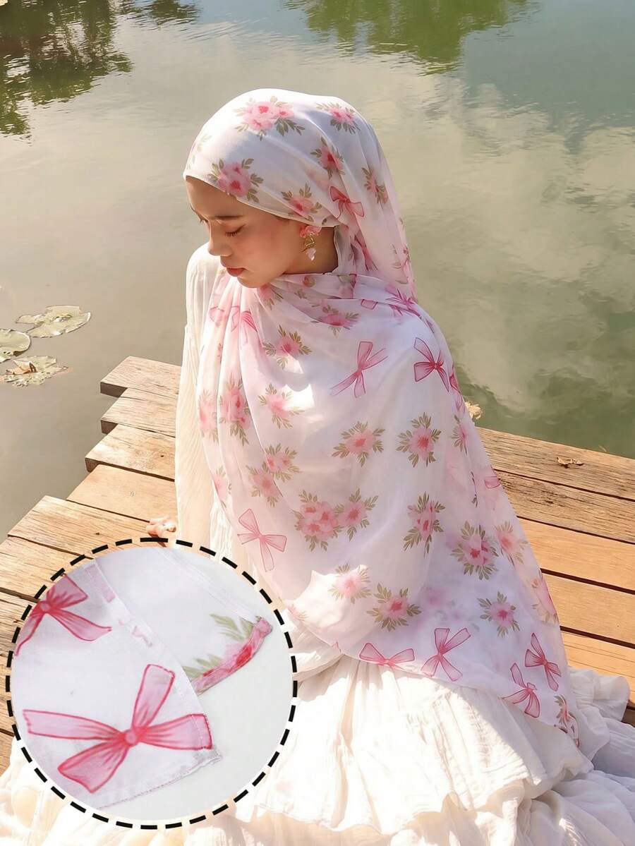 1 chiếc khăn trùm đầu nữ in hoa, viền rộng, in kỹ thuật số, thích hợp cho kỳ nghỉ và du lịch. - Nơ hồng và trắng - Xem 1