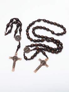 1 Set Brown Wooden Handmade Necklace & Bracelet Set, Cross Pendant Prayer Rosary Gift For Family - Brown - View 2