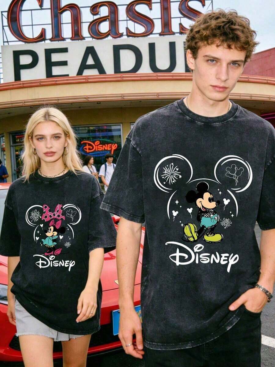 Disney Officially Licensed Graphic T Shirts 100 Percent Cotton Disney Shirt, Mickey & Minnie Fireworks Head Couple T-Shirt, Unisex, Washed 230g, Park Outfit, Simple Casual Top - 女士T卹 - 查看 1