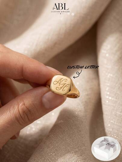 Customized Square Stamp Ring, Personalized Engraved Couple Rings - Medium Square Stamp Ring, Christmas Gift, Valentine's Day Gift, Mother's Day Gift, Family Gift, Suitable For Men And Women