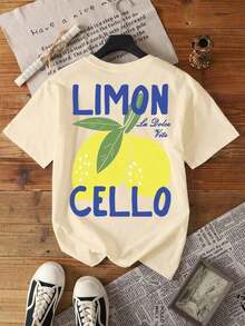 1psCamiseta de manga corta con cuello redondo y estampado de limón casual para mujeres , diseño minimalista, top de uso diario, suelto y cómodo2026 - Caqui - Ver 3