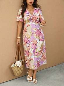 Elaquor Vestido casual de vacaciones de talla grande con cuello en V y cintura ceñida - Púrpura malva - Ver 12