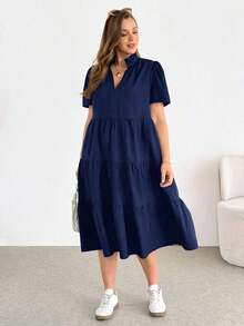 Shapeblank Vestido midi negro básico de manga corta, cómodo y suelto, para uso diario y versátil, de moda casual para mujer talla grande en primavera/verano, vestido de bolsillo, vestido elegante - Azul marino - Ver 3