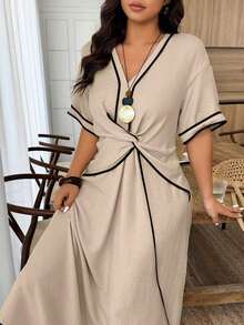 Weeklong Vestido maxi de manga corta con bloqueo de color de algodón y lino color albaricoque, un vestido para mujer de talla grande adecuado para vacaciones casuales y salidas diarias en primavera y verano. - Caqui - Ver 3
