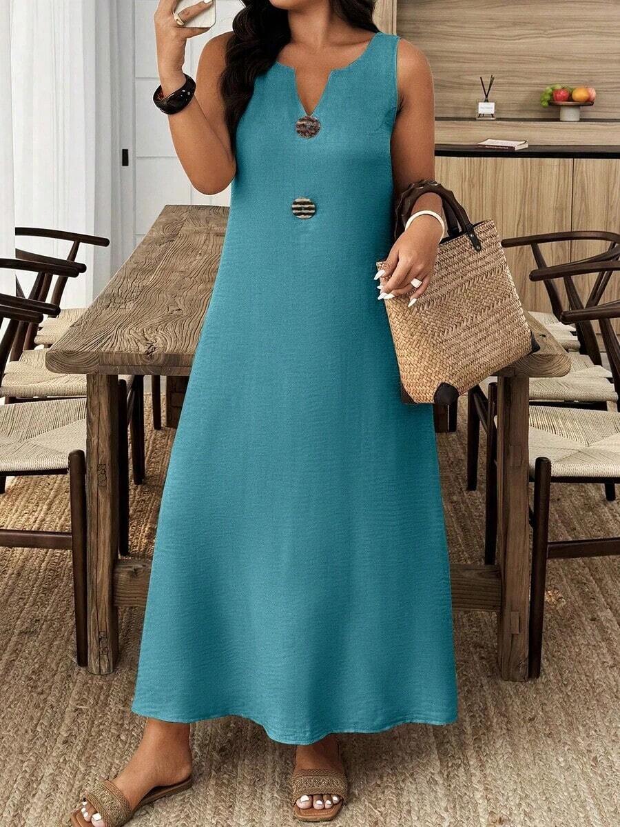 Weeklong Vestido casual de verano de talla grande con cuello con muesca y decoración de botones en unicolor - Agua verde azul - Ver 1