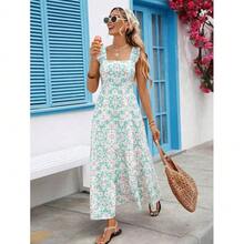 Vestido Casual Mujer Charming Smocked Square-Neck Cami Dress In Pastel Hues With Bohemian Print, A Fitted Shired Bust, And A Full Flared Skirt – A Flirty, Figure-Flattering Pick For Resort Vacations, Evening Parties & Everyday Spicy Elegance. - 藍色 - 查看 3