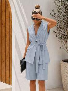 ADD MODA, REF: H972 Women's Set, Two-Piece Suit, Sleeveless Blouse With Belt, High-Waisted Shorts, Sophisticated, Modern Style, Versatile Piece, Elegant Look, Suitable For Any Occasion, Casual Tailoring, Contemporary Design, Vibrant Colors, High-Quality Finish, Sophisticated Fashion, Essential Item, Unique Style, Spring-Summer Freshness, Stylish Collection. - 淺藍色 - 查看 3