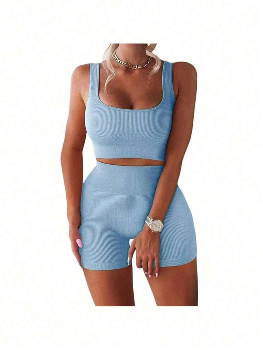 Workout Sets For Women 2 Piece Seamless Ribbed Crop Tank High Waist Shorts Yoga Outfits - 淺藍色 - 查看 1