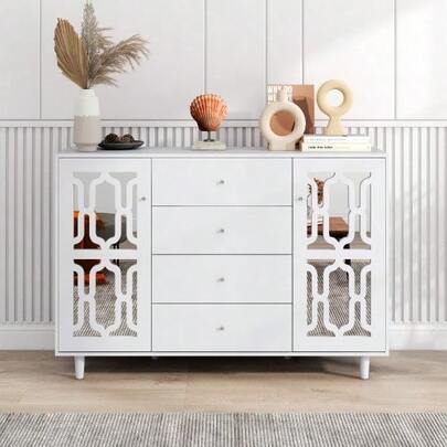 White Mirrored Sideboard With Cool Crystal Handles, For Living And Dining Room, 147.5 X 40 X 102cm