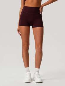 Sodalemon Quần short thể thao nữ không đường may, nhẹ, kiểu dáng thường ngày, size châu Âu, màu trơn, thích hợp cho yoga, chạy bộ và thể thao. - Màu Đỏ Sâu - Xem 5