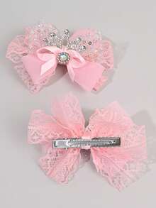 2pcs Pink Lace Bow Hair Clips For Girls, Elegant Silver Crown & Rhinestone Decor Fashion Barrettes, Alligator Clips & Hair Clips, Wedding, Party & Daily Wear Hair Accessories - Pink - View 6