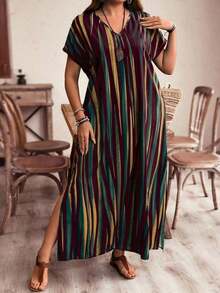 Vestido largo de playa de rayas y bloques de color con efecto reflejado para mujeres de talla grande, vestidos de verano para mujeres, vestidos de vacaciones, vestidos de verano, ropa de verano, vestidos de primavera, ropa de primavera para mujeres, estilo campestre para mujeres, vestidos campestres para mujeres, atuendos de vacaciones para mujeres, atuendos de festival para mujeres, atuendos de playa para mujeres - Multicolor 2 - Ver 11